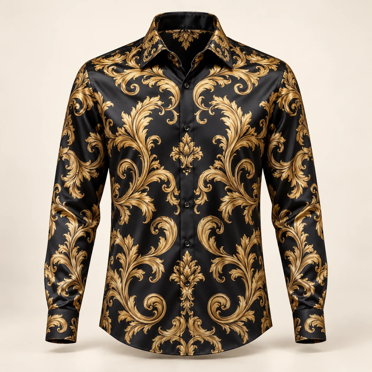 Aureate Scroll Silk Shirt — Black / Gold