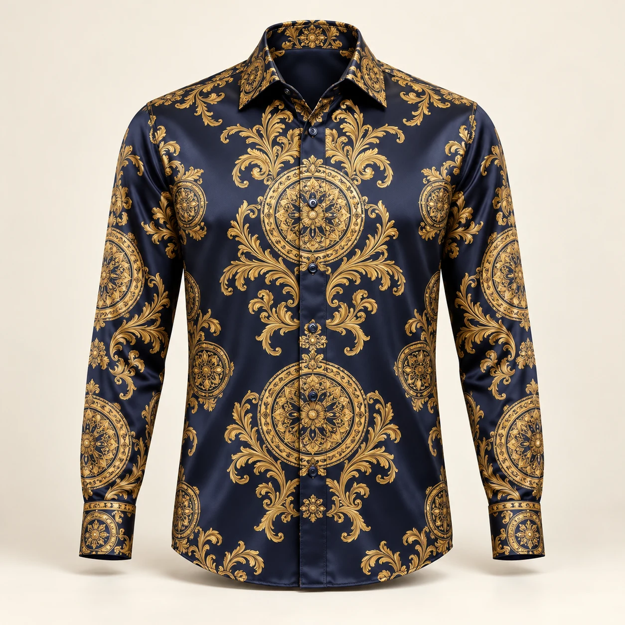 Midnight Medallion Silk Shirt — Navy / Gold