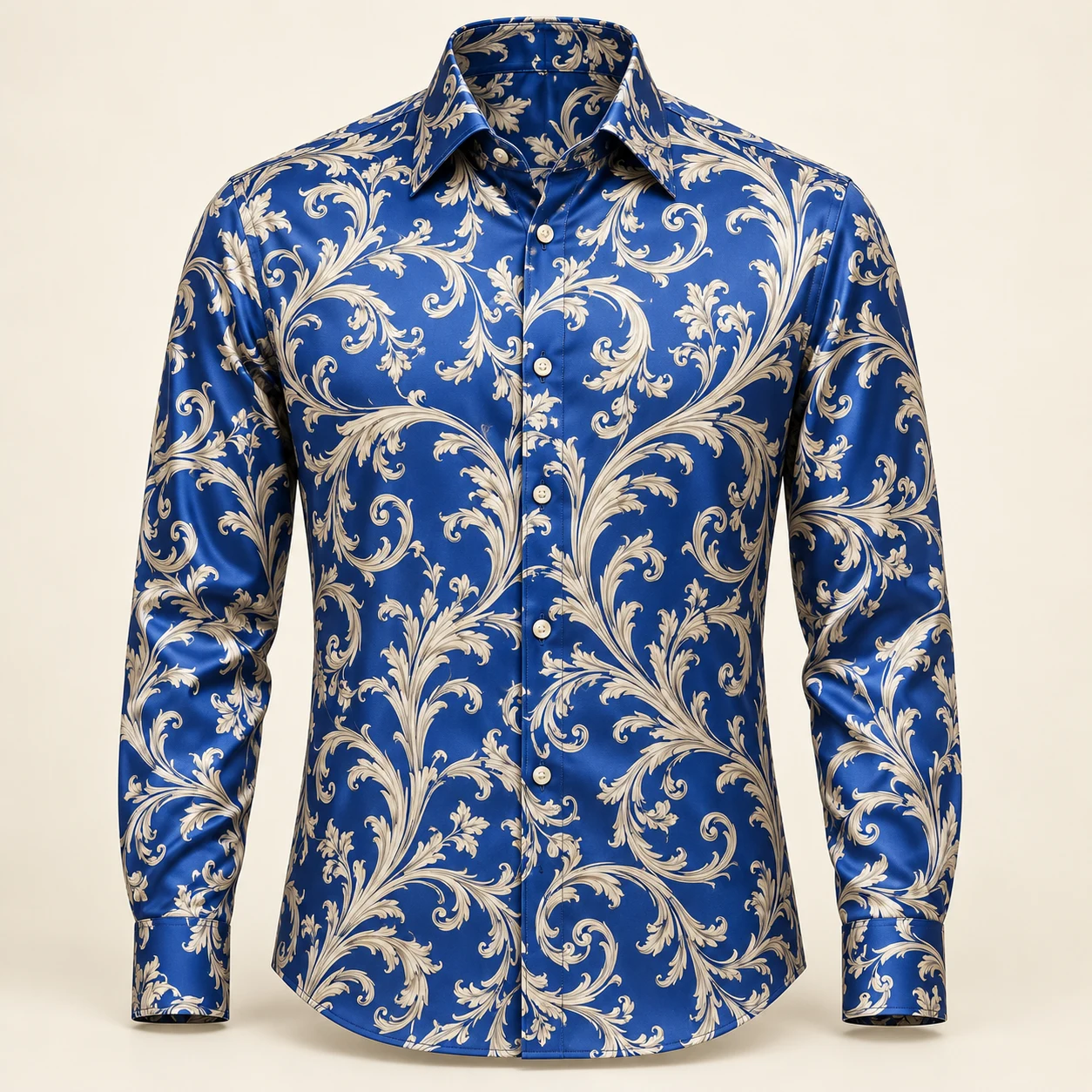 Cobalt Filigree Silk Shirt — Cobalt / Ivory