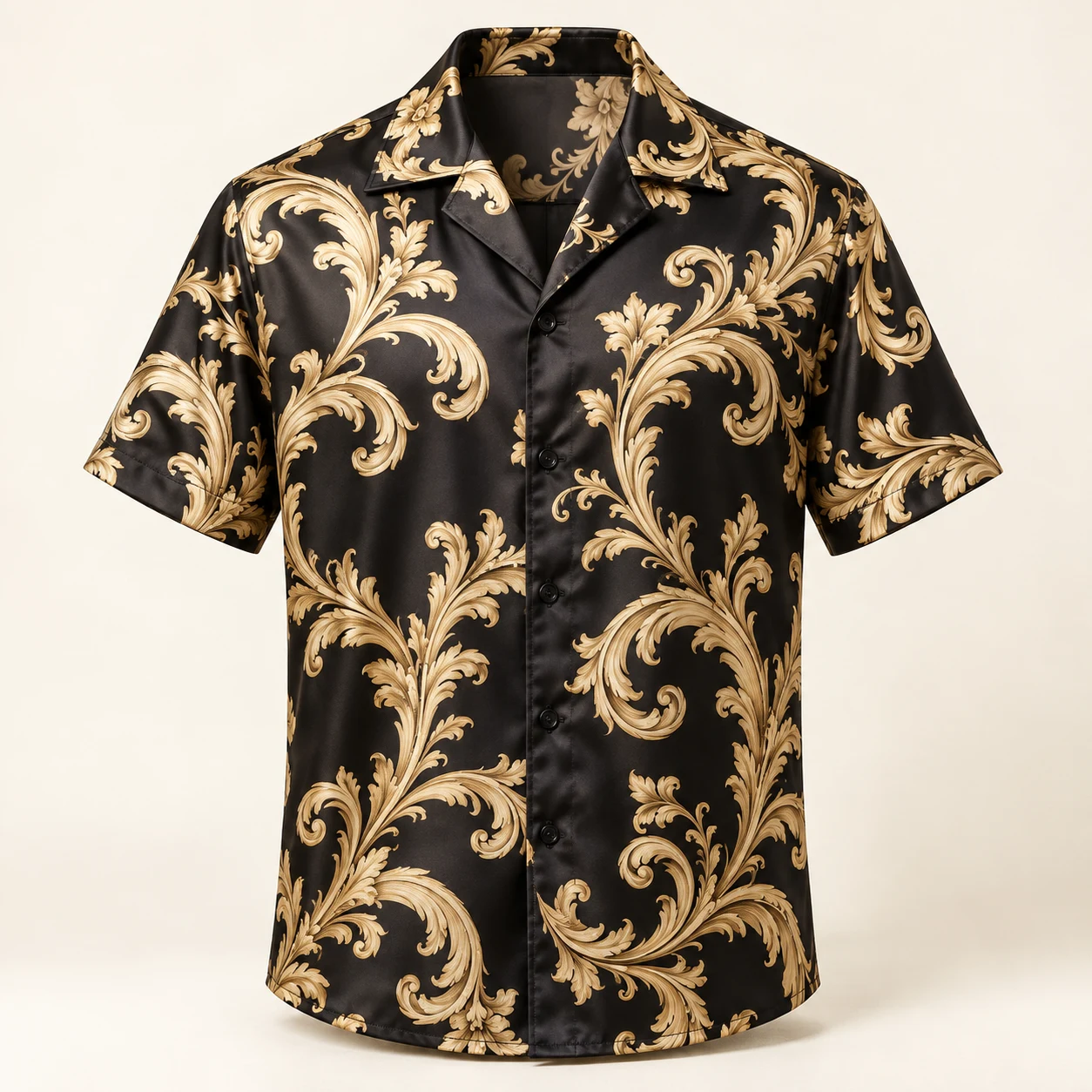 Nocturne Scroll Silk Camp Shirt — Black / Champagne